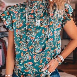 Floral Paisley Green Top. Size Medium
